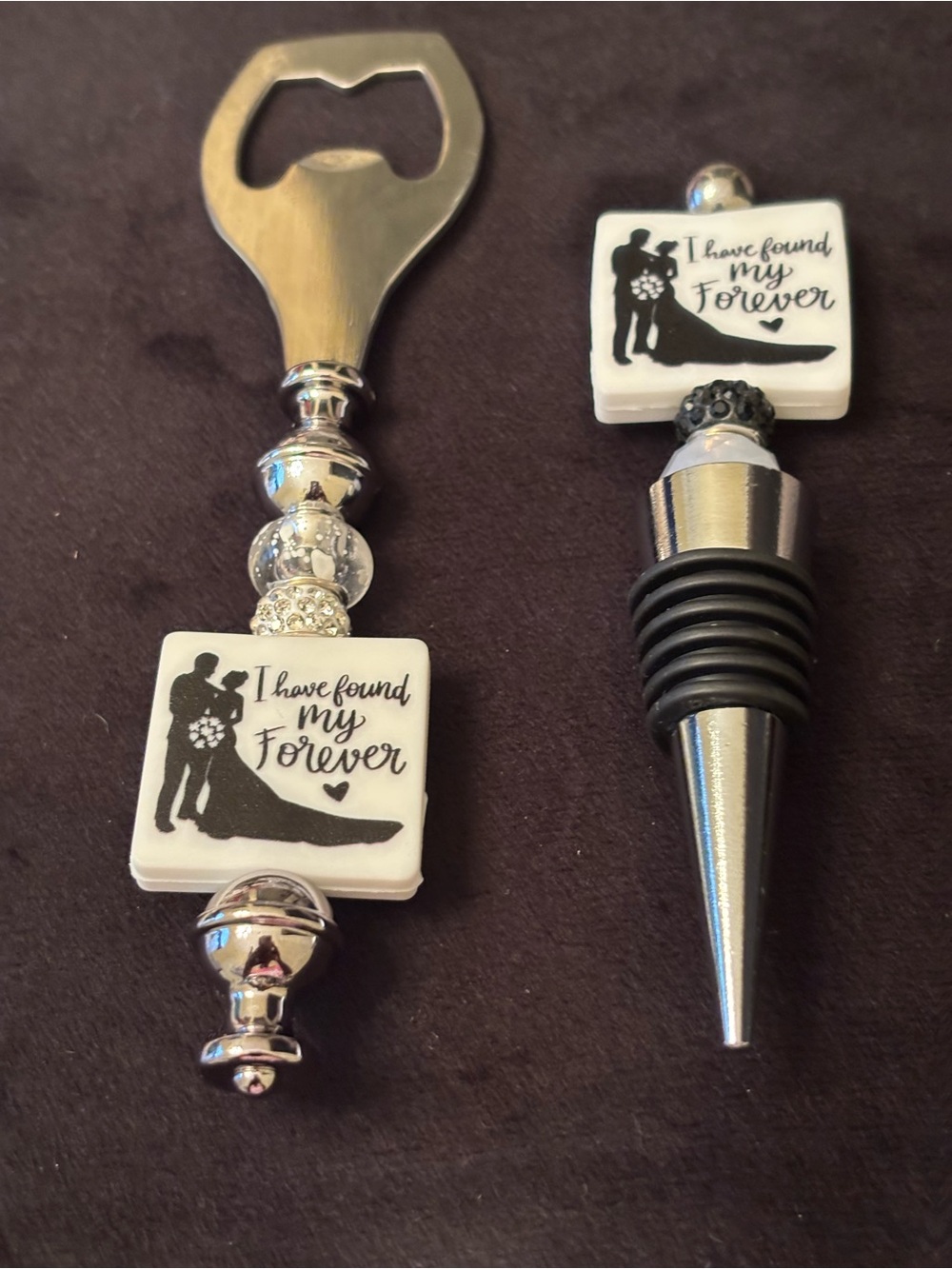 Wedding Bottle Stopper and Opener Set - White 'I Have Found My Forever'